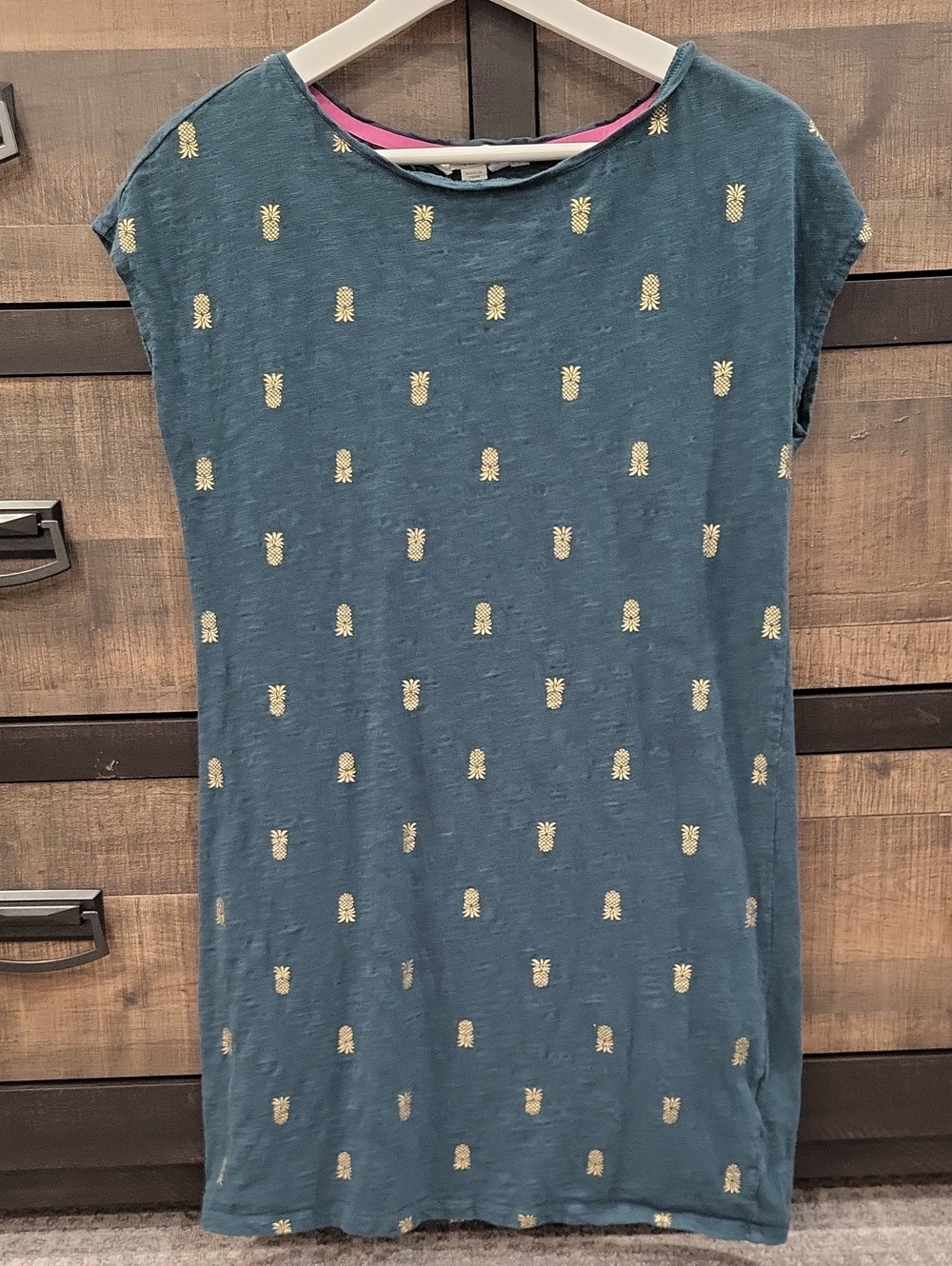 Boden Teal Shift Dress with Gold Pineapple Print